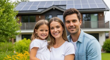 Family Portrait with Solar Home: A happy family poses in front of their modern home, showcasing renewable energy through solar panels, illustrating the values of sustainability and a green lifestyle.