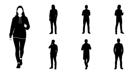 Collection of minimalist human silhouettes demonstrating diverse poses and apparel