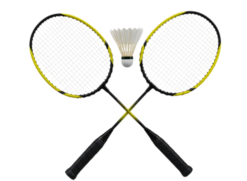 Two badminton rackets and shuttlecock isolated on transparent background