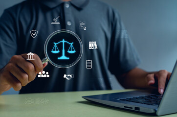 Close-up of a person using a magnifying glass with digital justice scales and law icons, symbolizing legal analysis, compliance, fairness, and modern technology in professional consulting.