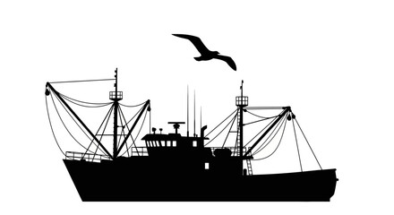 A striking silhouette of a fishing boat with a soaring seabird above