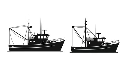 Two similar black silhouette fishing boats on a calm water surface