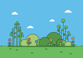 A minimalist vector illustration of a green landscape with stylized trees, bushes, and colorful flowers under a blue sky.
