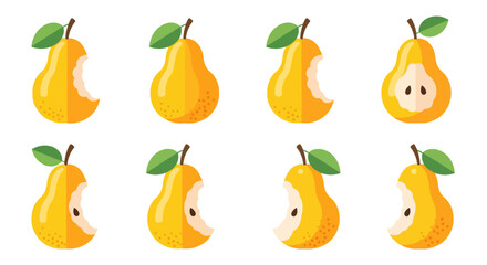 A collection of yellow pears in various stages of being eaten