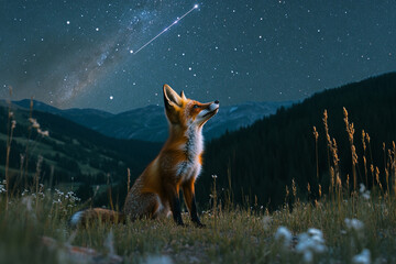 A fox pausing in a meadow to watch a meteor streak across the sky  