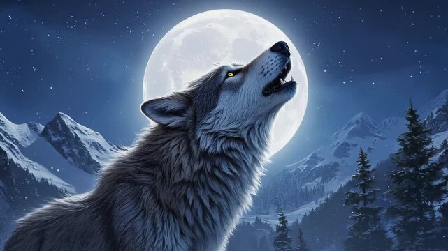 Majestic wolf howling at luminous full moon in snowy mountain wilderness under starry night sky