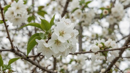 Obraz premium Beautiful spring cherry tree blossom with white flowers and green leaves on branches in a garden background.
