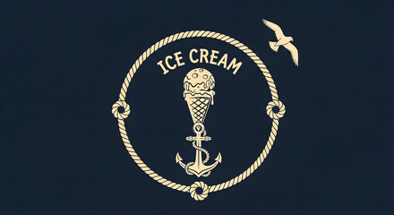 Nautical ice cream logo vintage style design with rope frame anchor and seagull vector illustration for branding