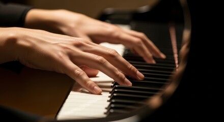 Obraz premium Close-up of a persons hands playing a piano with focus on the fingers and keys.