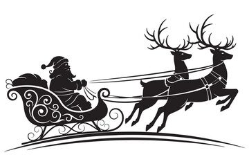 Santa claus riding in sleigh with reindeers silhouette isolated on white background, christmas eve celebration in winter season, holiday spirit and joy vector illustration