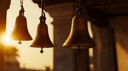 Obraz premium Three hanging golden bells catch the warm light of a golden sunrise, suspended from chains in an archway. They evoke a sense of peace, tradition and heritage.