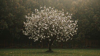 Snowball tree with berries in a garden setting with a background of trees and a fence.