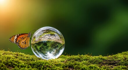 A monarch butterfly rests on a mossy surface next to a crystal ball reflecting a lush green forest