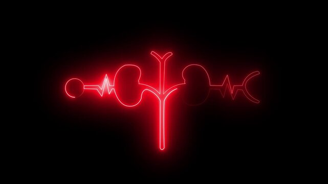 Glowing Human kidney icon animation. This renal system symbol is a neon kidney 4k animation. The kidney was divided into the right and left halves icon animated. heart ...