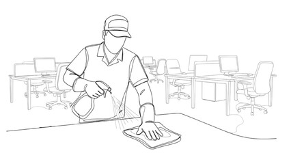 Janitor Line Art — Cleaning Staff Spraying and Wiping Surfaces with Office Desks Outlined, Minimal Continuous Vector Illustration