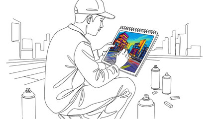 Fototapeta premium High quality black continuous line art of street artist crouched on sidewalk sketching on pad with spray cans or chalk, minimal urban background vector illustration