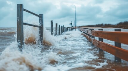 Coastal roadway flooded with turbulent ocean water during storm