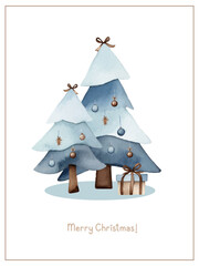 Festive watercolor Christmas tree card "Merry Christmas" Christmas trees with bows, gifts, layers, cones, in cozy blue colors. isolated on white background.