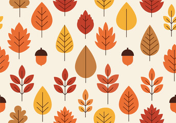 Obraz premium Autumn pattern with leaves and acorns in warm colors on a light background.