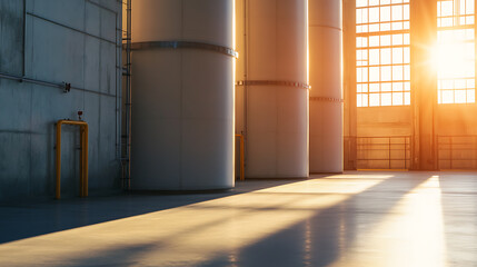 Sunlit industrial interior with cylindrical storage tanks and concrete walls. A bright, spacious environment with long shadows cast across the floor. Modern and expansive facility.