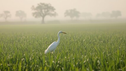 Fototapeta premium Egret in rice field, nature, grass, winter, white, animal, green, portrait, bird, Africa