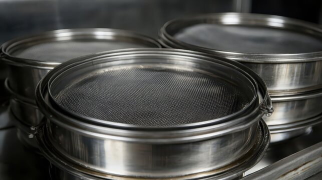 Close Up of Stacked Analytical Sieves for Particle Size Analysis