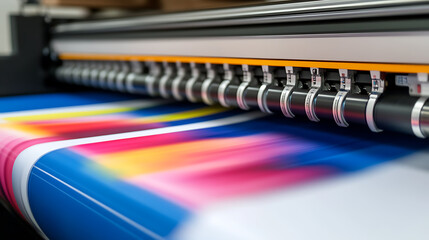 A large format printer creates vibrant art. The machine delicately applies a spectrum of colors, bringing images to life with precision and clarity. Precision printing shown.
