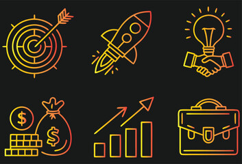 Business Growth and Success Neon Line Icons for Finance and Startup Design