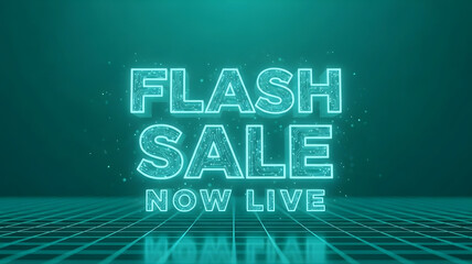 Retro-Futuristic Neon "FLASH SALE NOW LIVE" Text on Cyber Grid Background