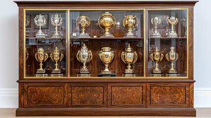 Display case filled with many shining gold trophies
