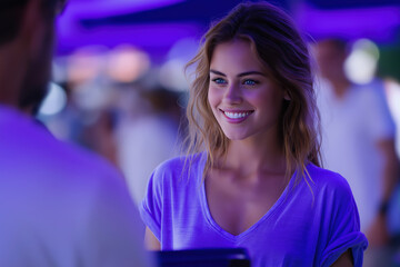 Obraz premium Young woman smiles at event with purple lights in the background