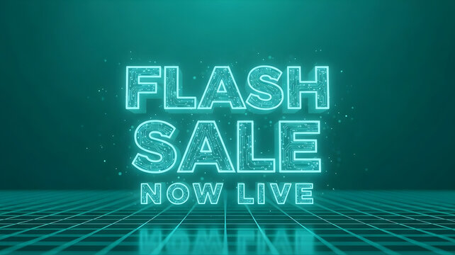Retro-Futuristic Neon "FLASH SALE NOW LIVE" Text on Cyber Grid Background
