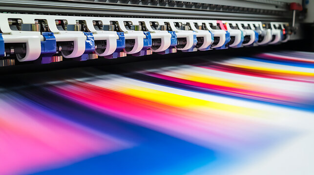 Printing with precision, colors flowing from the printhead in vibrant motion. A high-speed commercial printer in action, creating colorful artwork. #PrintingTechnology