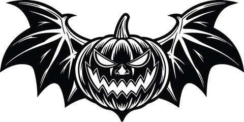 Halloween vector illustration featuring a grinning pumpkin with bat wings, spooky jack-o’-lantern character, scary holiday design, perfect for Halloween party, poster, and decoration themes