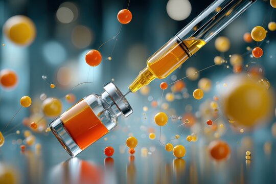 Brightly colored vaccine preparation with a syringe and vial against a blurred background