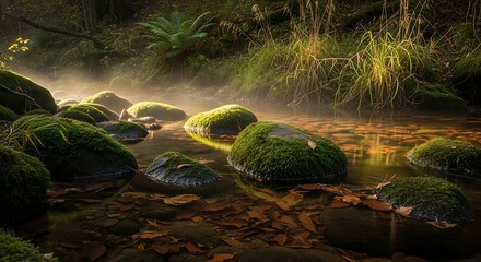Mossy Stones in a Forest Stream with Morning Mist.