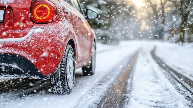 A red car is parked on a snowy road. The snow is piled up on the car and the road - Powered by Adobe