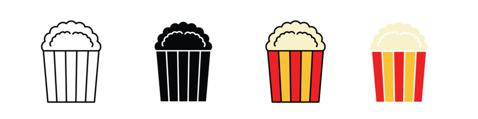 Popcorn icon in outline, solid, and color styles. Perfect for cinema, movie night, snack, or entertainment designs.