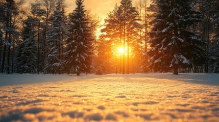 A beautiful snowy landscape with a sun setting in the background. The trees are bare and the snow is deep. The sun is setting behind the trees, casting a warm glow over the scene