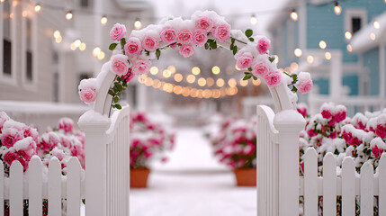 Snowy garden gate adorned with pink roses and glowing lights  