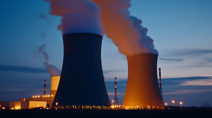 Image depicts a large industrial facility, possibly a power plant, with towering structures releasing steam into the dusky sky at dusk or dawn. Warm lights illuminate the base.