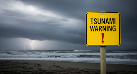Tsunami Warning Sign on Beach with Stormy Weather