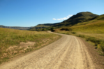 Dirt roads in the QwaQwa villages, located in the mountainous region of the Free State province in South Africa. Trees and plants like Wild Dagga in the foreground. Mountains in the background. 
