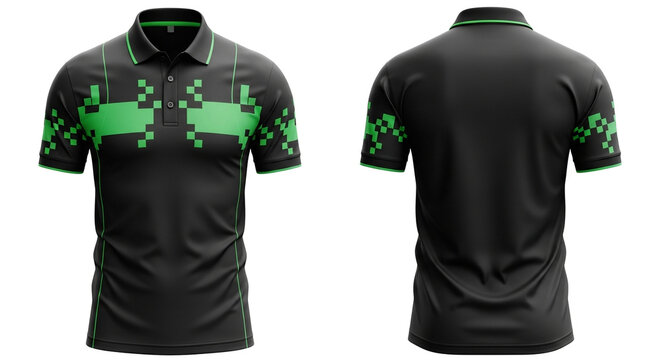 Black polo shirt with pixelated green design isolated on white background
