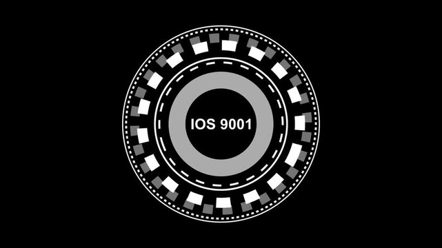 the screen showing text "IOS 9001", generative ios 9001 technology icon neon icon ,projector animation icon ,powerful black background projector animation technology video.4k animation