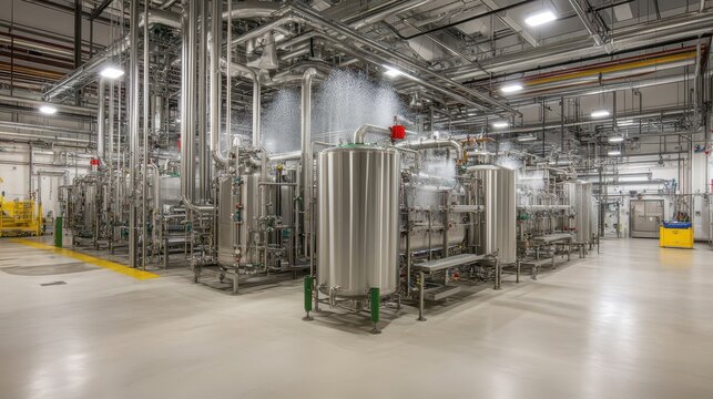 Industrial decontamination shower unit spraying water in a factory