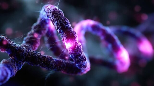 A vibrant depiction of a microscopic double helix structure with glowing highlights