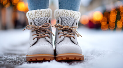 Child's feet in cozy winter boots on snow with festive background  