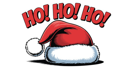 Festive “Ho! Ho! Ho!” Santa hat illustration with bold red lettering and white fur trim, perfect for Christmas greeting and holiday decor