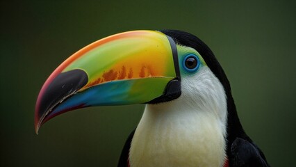 Fototapeta premium Head close-up of a toucan showing its colorful beak and distinctive features.